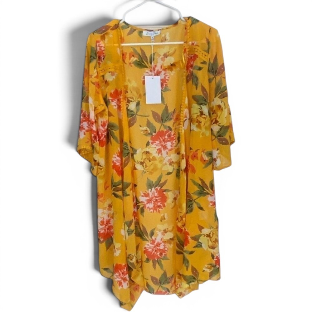 Emory Park Kimono Cardigan Womens M Yellow Floral Chiffon Boho Lace Trim NEW